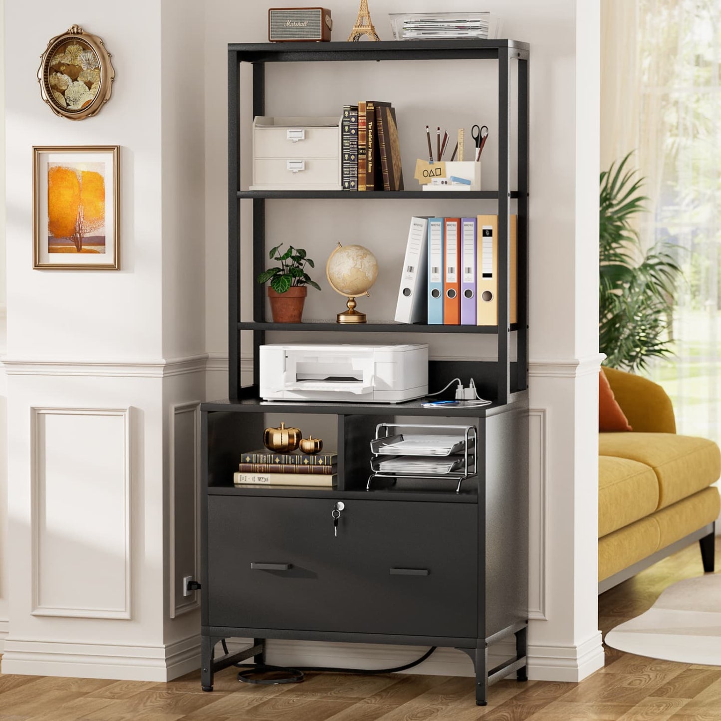 File Cabinet with Charging Station, Bookshelf with Filing Cabinet