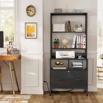File Cabinet with Charging Station, Bookshelf with Filing Cabinet