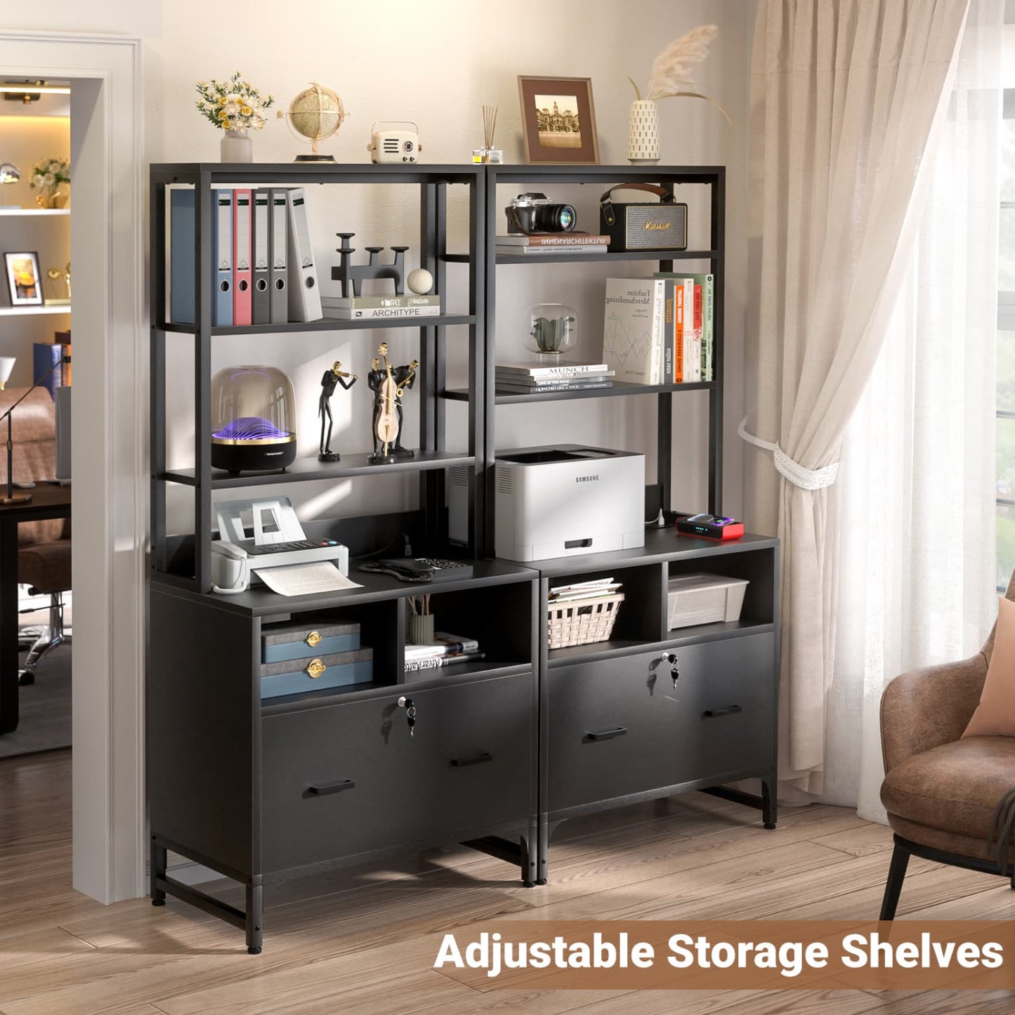 File Cabinet with Charging Station, Bookshelf with Filing Cabinet