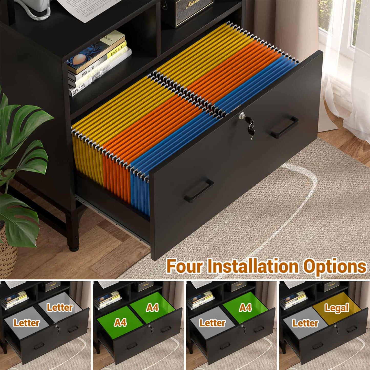 File Cabinet with Charging Station, Bookshelf with Filing Cabinet