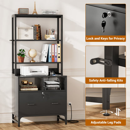 File Cabinet with Charging Station, Bookshelf with Filing Cabinet