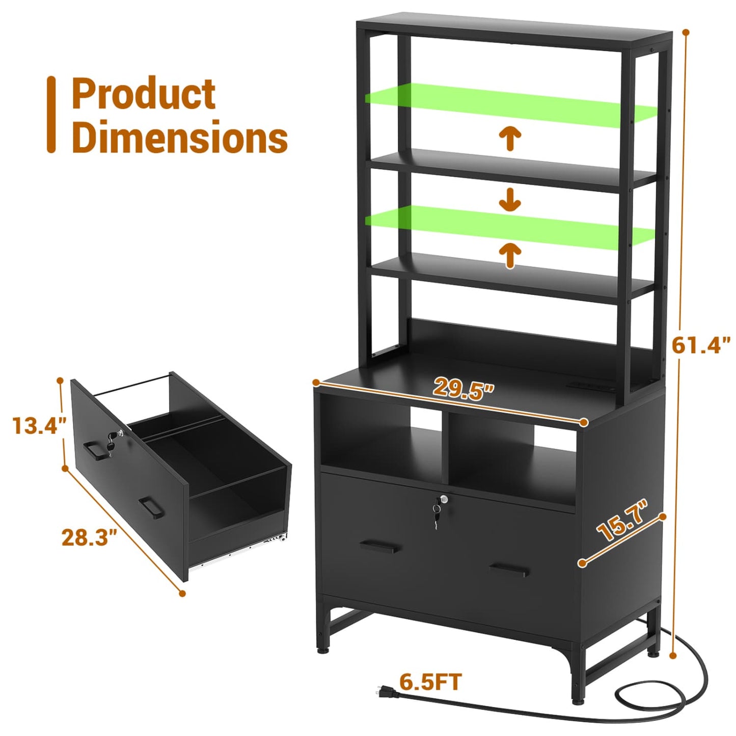 File Cabinet with Charging Station, Bookshelf with Filing Cabinet
