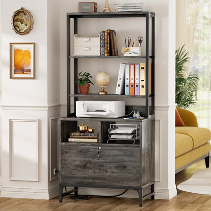 File Cabinet with Charging Station, Bookshelf with Filing Cabinet