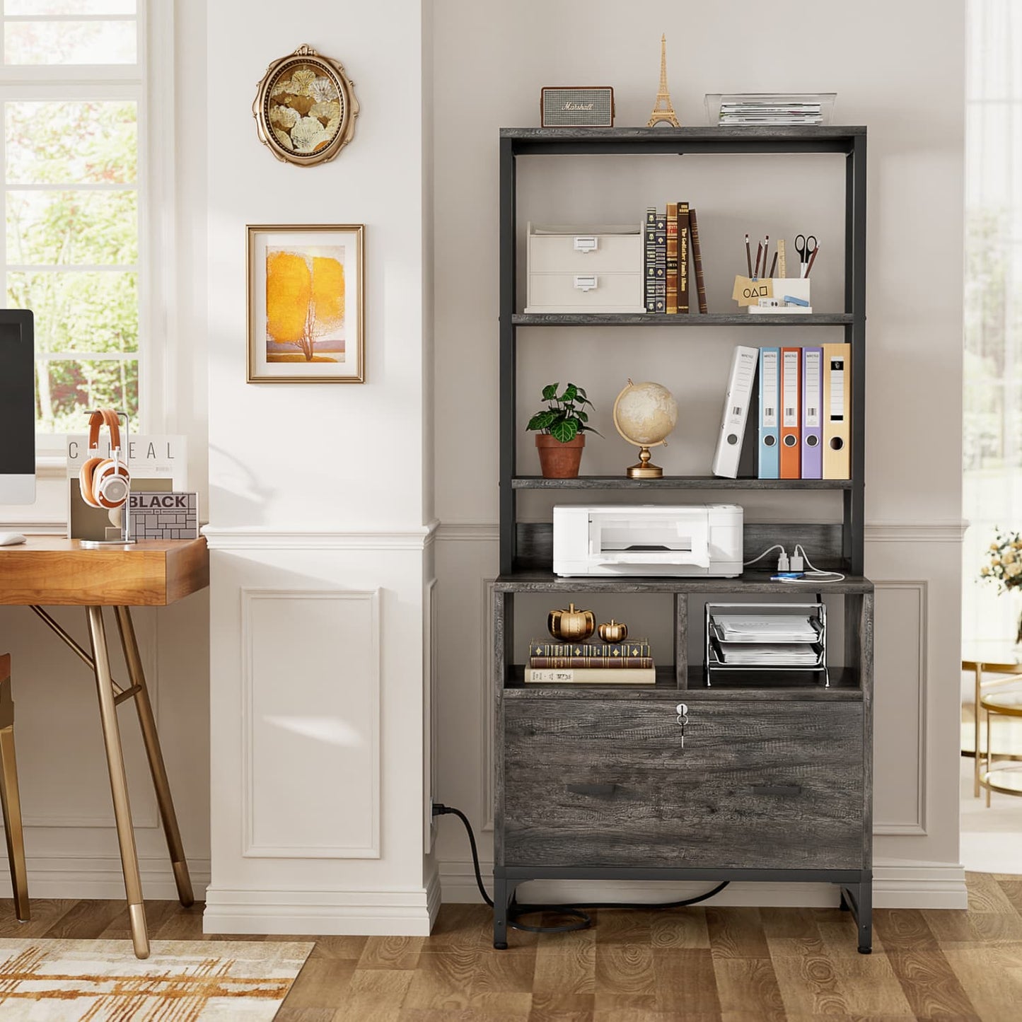 File Cabinet with Charging Station, Bookshelf with Filing Cabinet