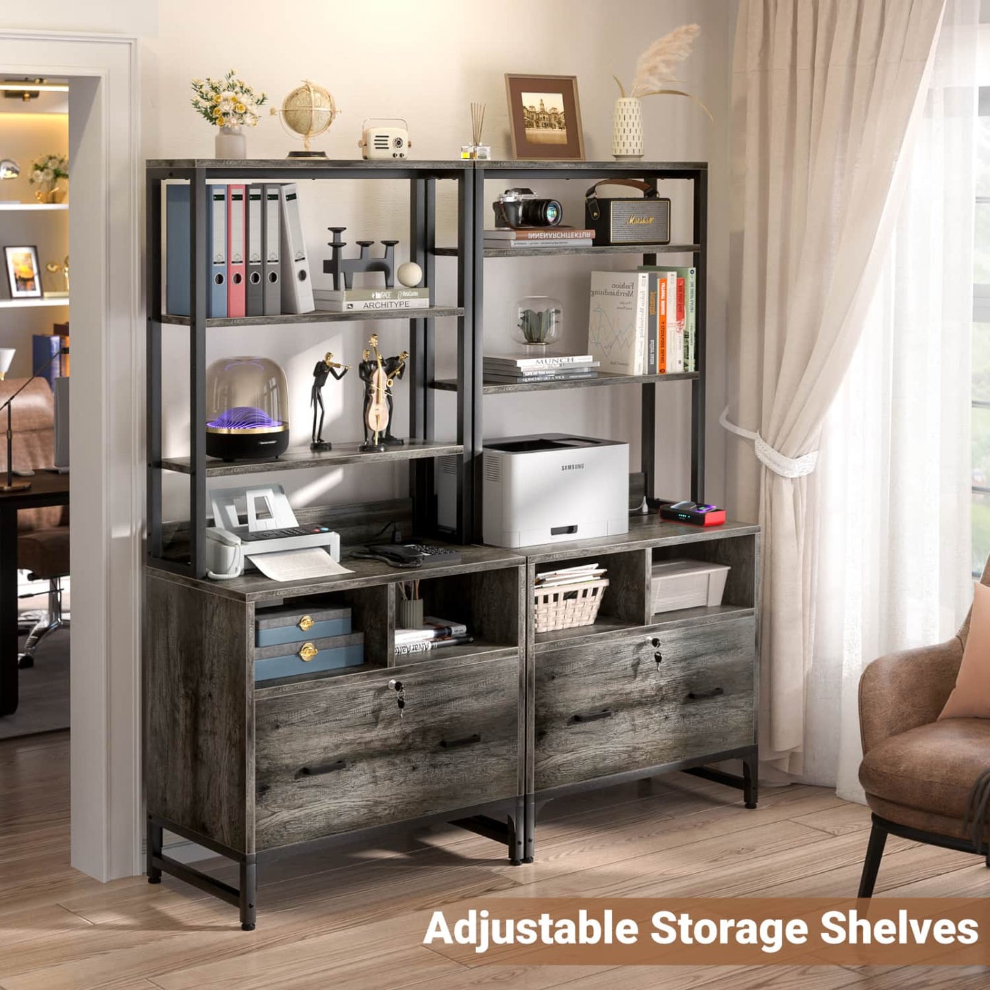 File Cabinet with Charging Station, Bookshelf with Filing Cabinet