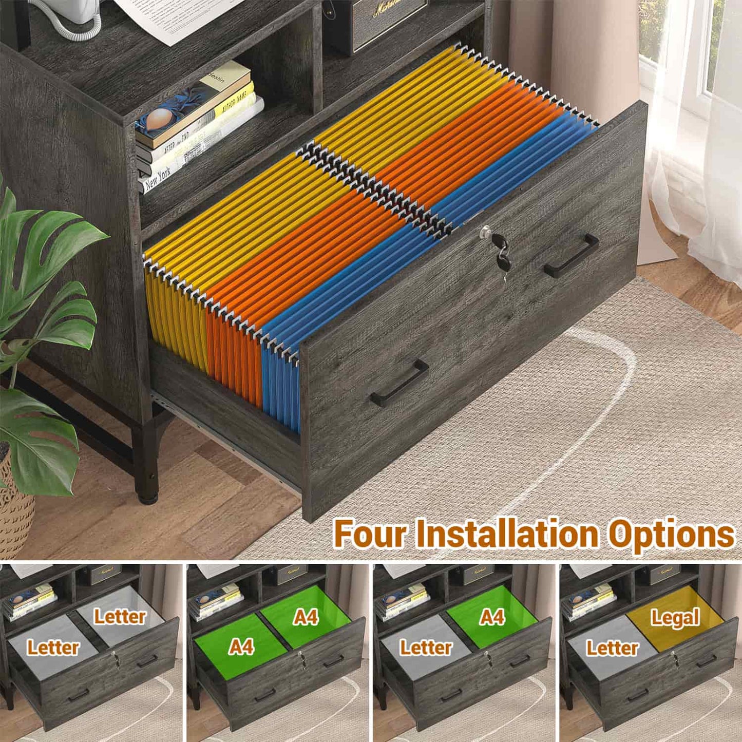 File Cabinet with Charging Station, Bookshelf with Filing Cabinet