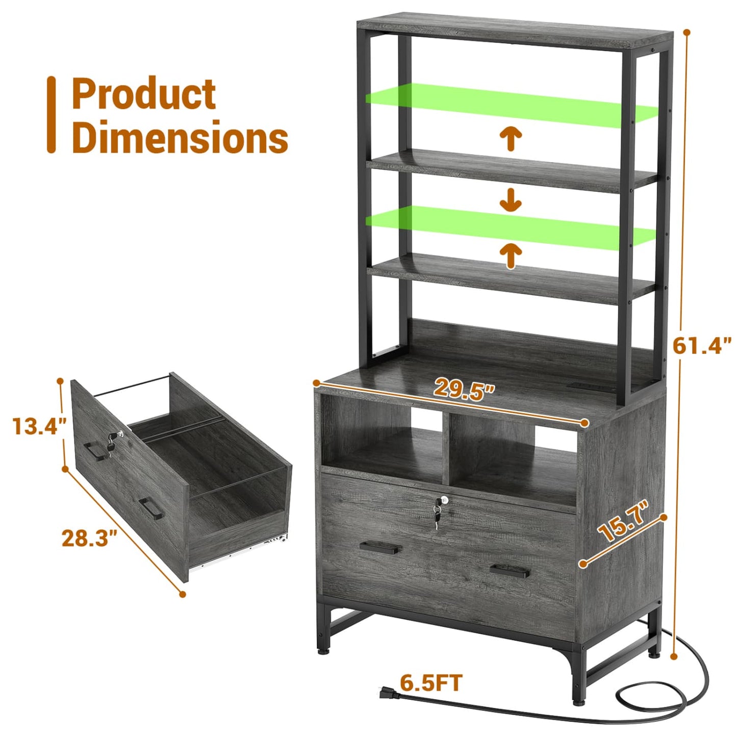 File Cabinet with Charging Station, Bookshelf with Filing Cabinet