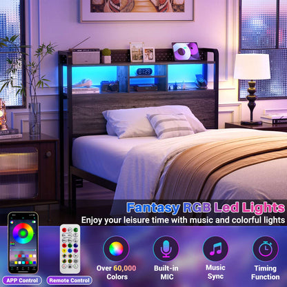 Twin Storage Headboard with Led Lights & Charging Station