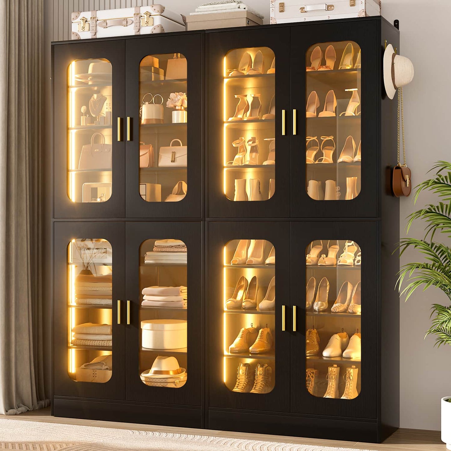 Shoe Cabinet With LED Light, Closet Shoe Organizer with Adjustable Shelves