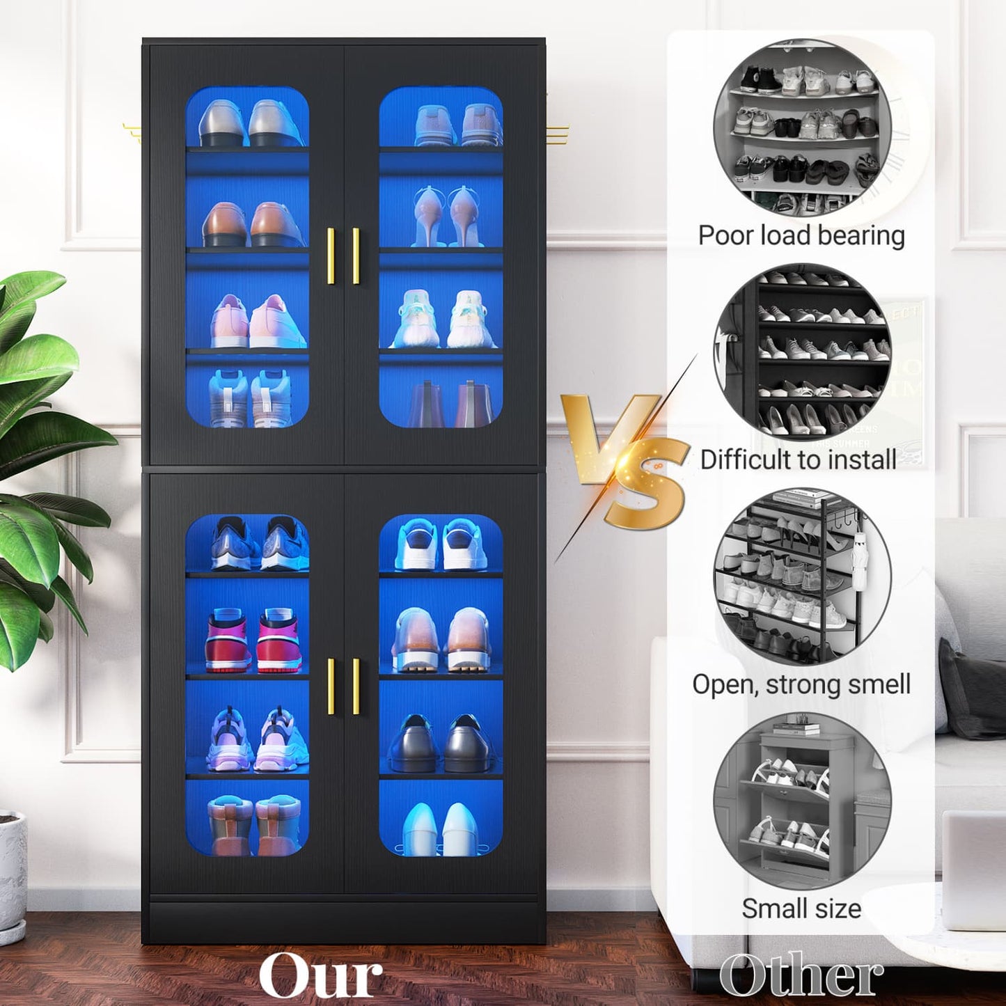 Shoe Cabinet With LED Light, Closet Shoe Organizer with Adjustable Shelves