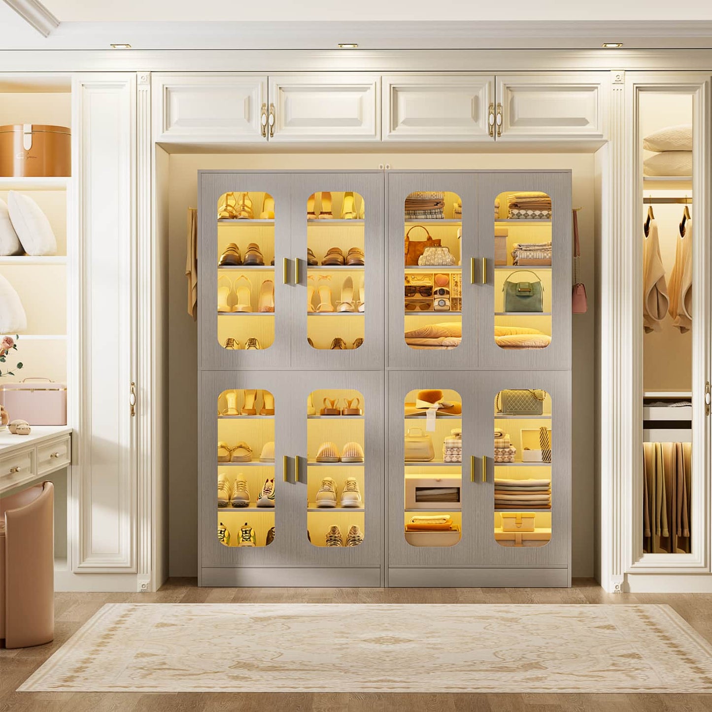 Shoe Cabinet With LED Light, Closet Shoe Organizer with Adjustable Shelves