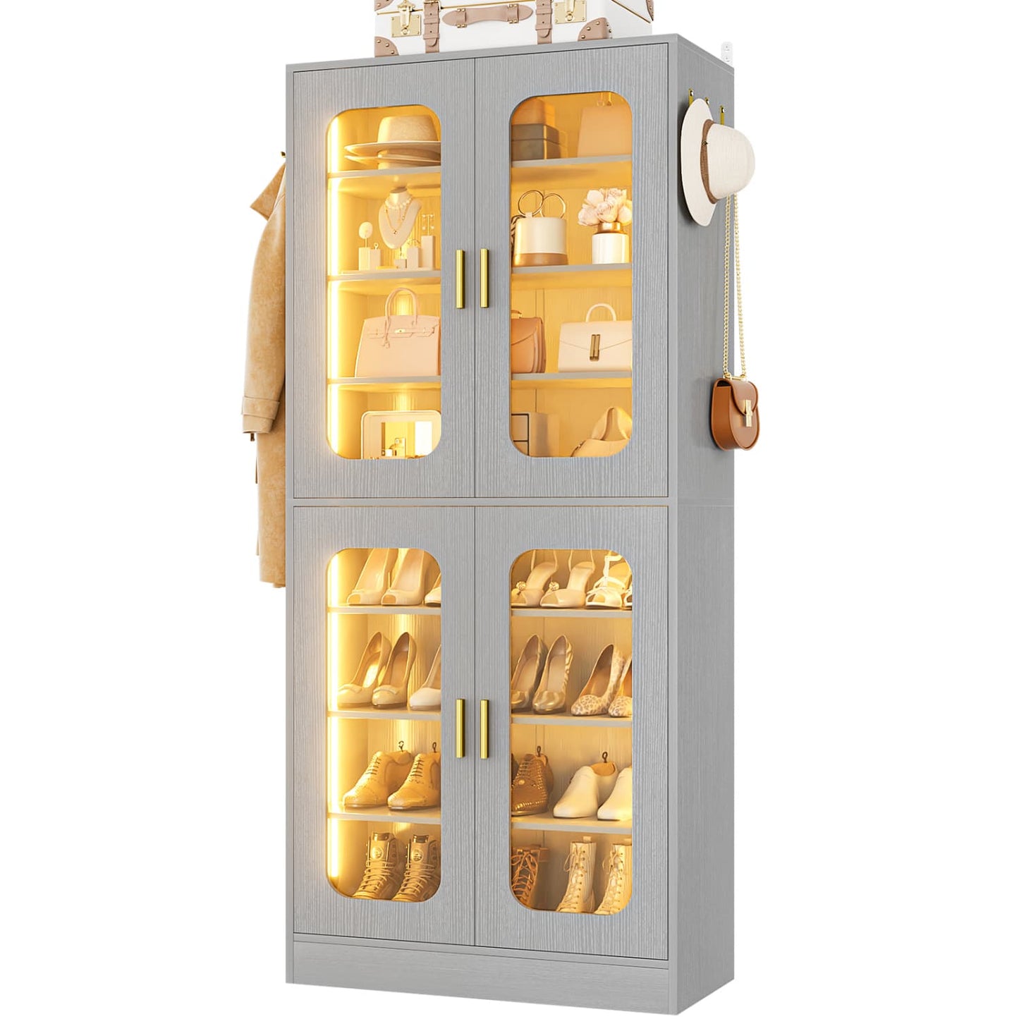 Shoe Cabinet With LED Light, Closet Shoe Organizer with Adjustable Shelves