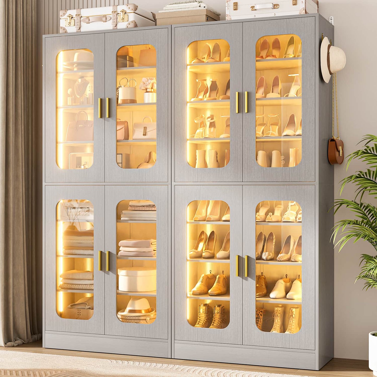 Shoe Cabinet With LED Light, Closet Shoe Organizer with Adjustable Shelves