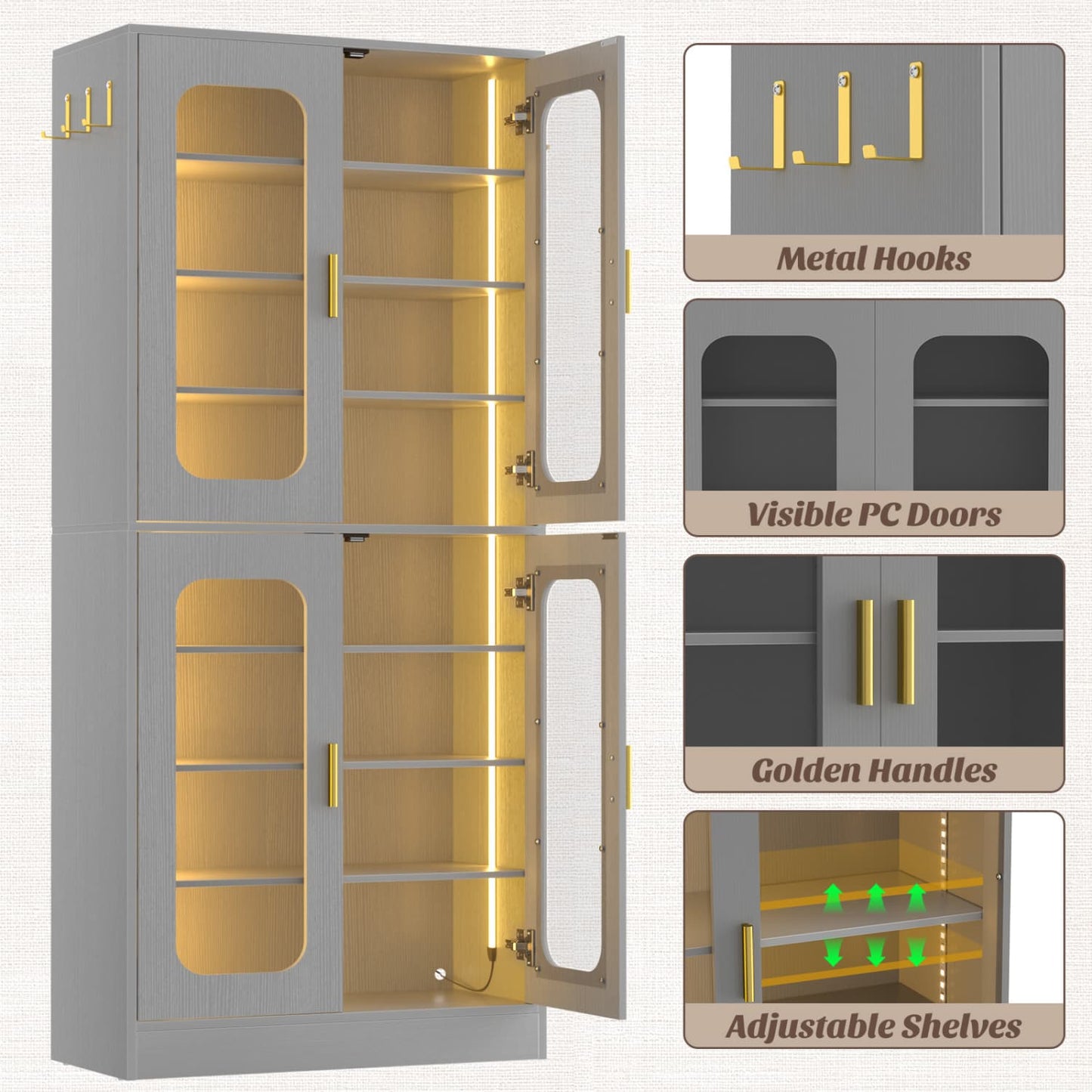 Shoe Cabinet With LED Light, Closet Shoe Organizer with Adjustable Shelves