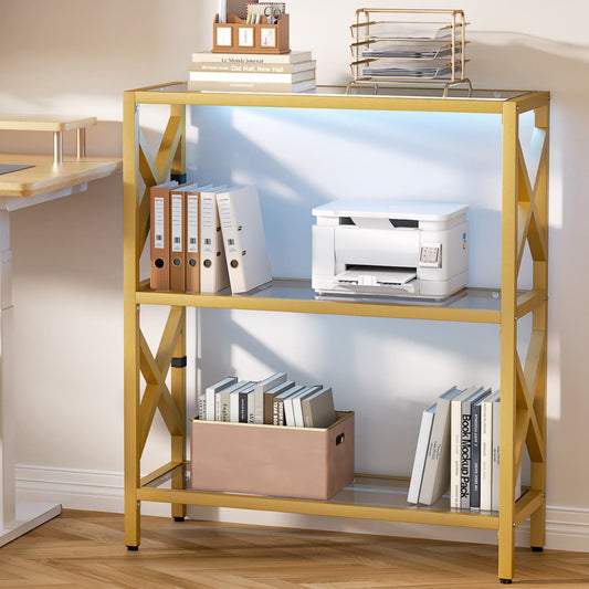 5-Tier Glass Bookshelves, Modern Gold Display Storage Shelf