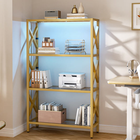 5-Tier Glass Bookshelves, Modern Gold Display Storage Shelf