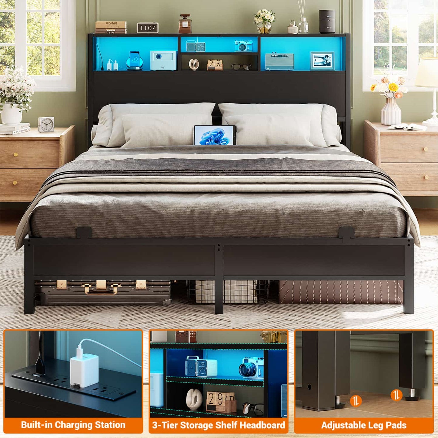 Full Headboard with Charging Station, Storage HeadBoard for Bedframe