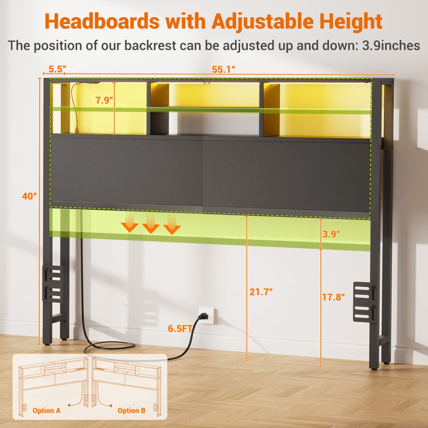 Full Headboard with Charging Station, Storage HeadBoard for Bedframe