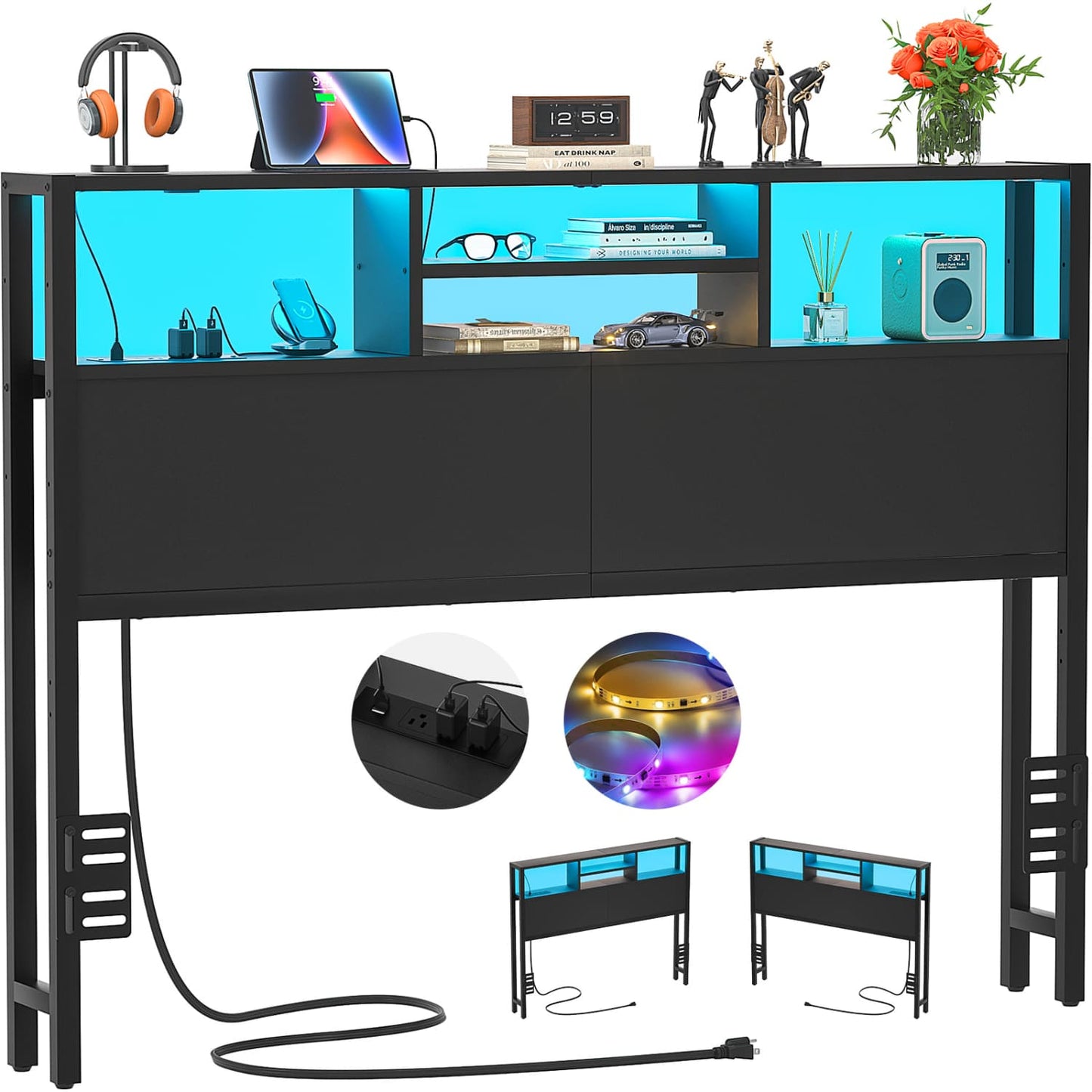 Full Headboard with Charging Station, Storage HeadBoard for Bedframe