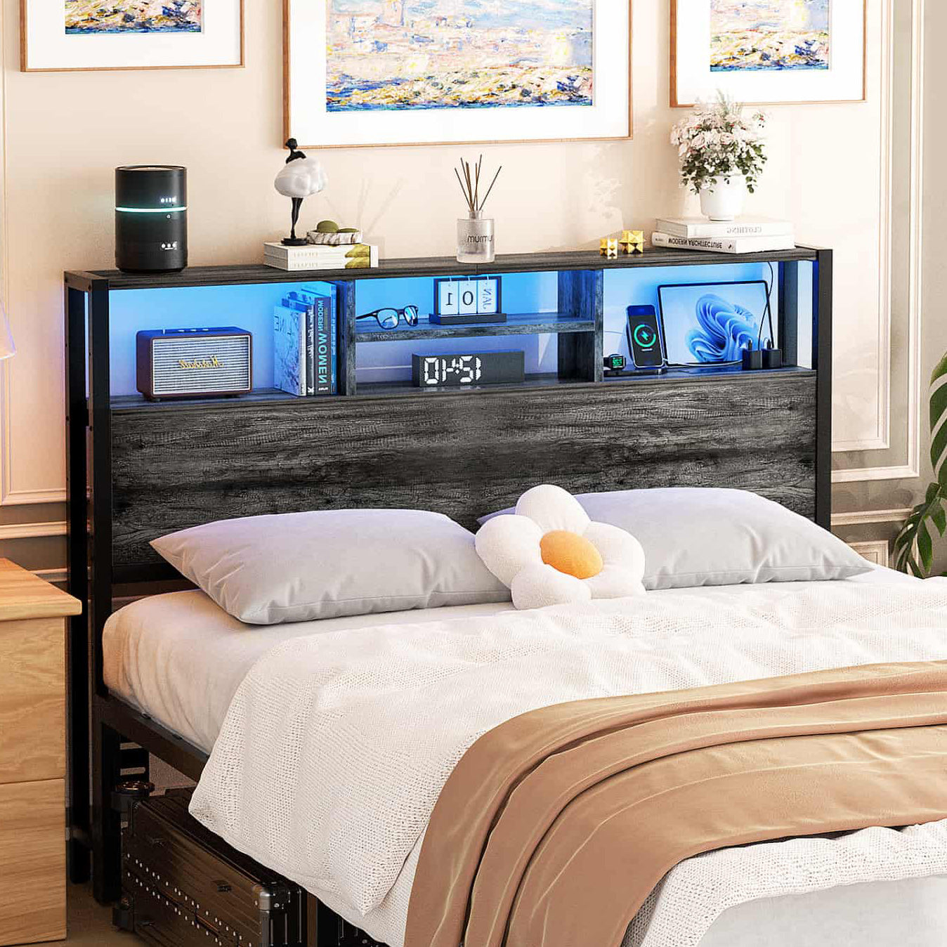Full Headboard with Charging Station, Storage HeadBoard for Bedframe