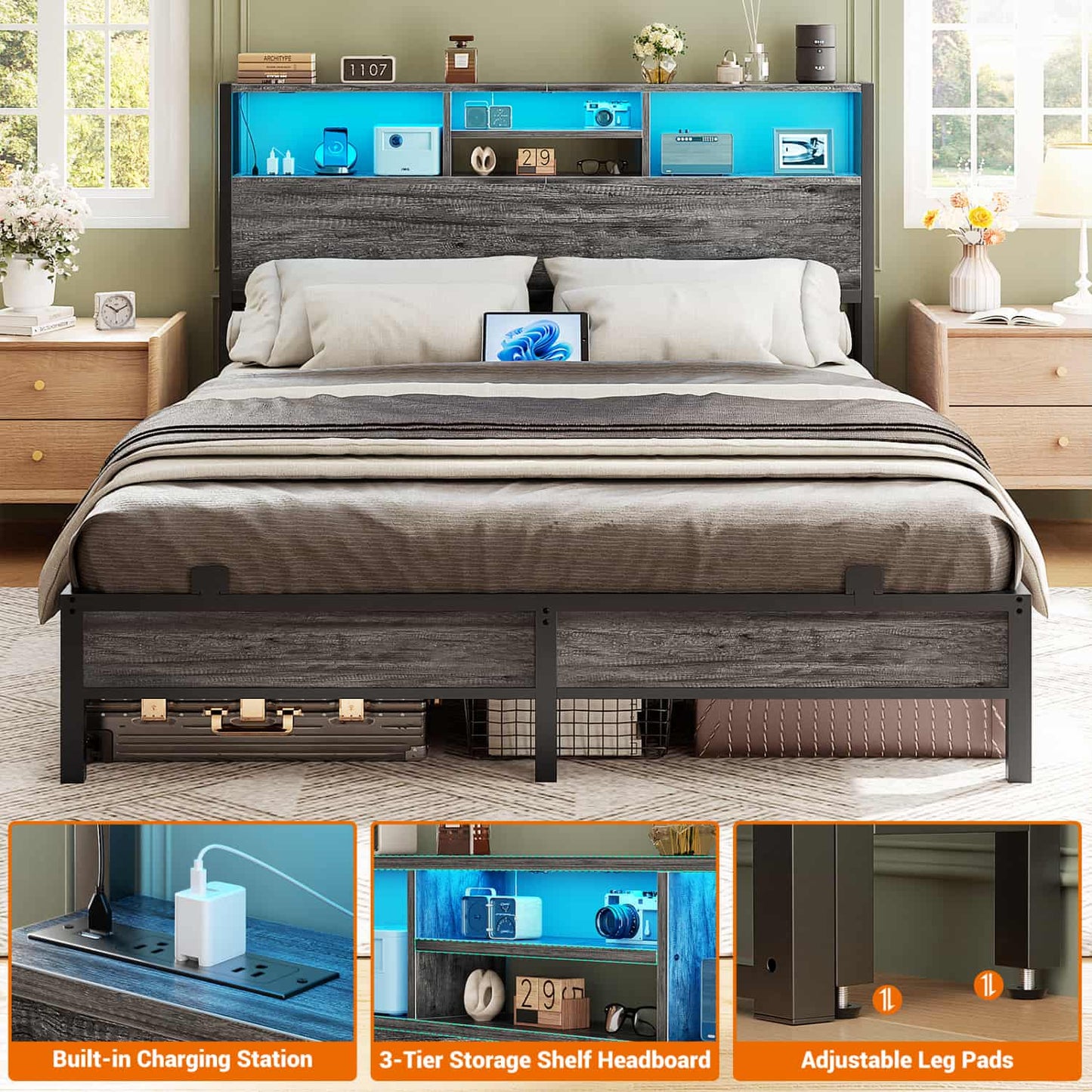 Full Headboard with Charging Station, Storage HeadBoard for Bedframe