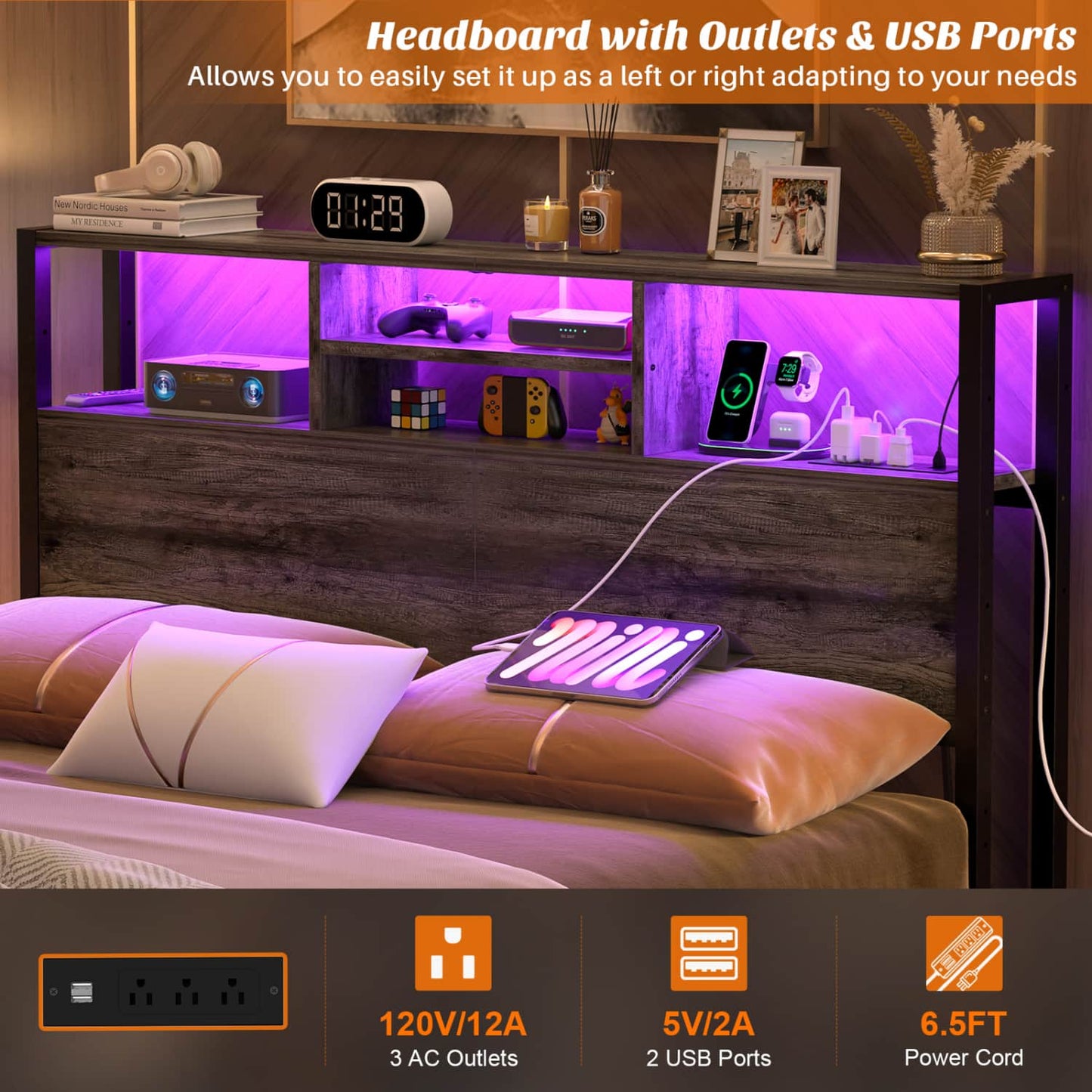 Full Headboard with Charging Station, Storage HeadBoard for Bedframe