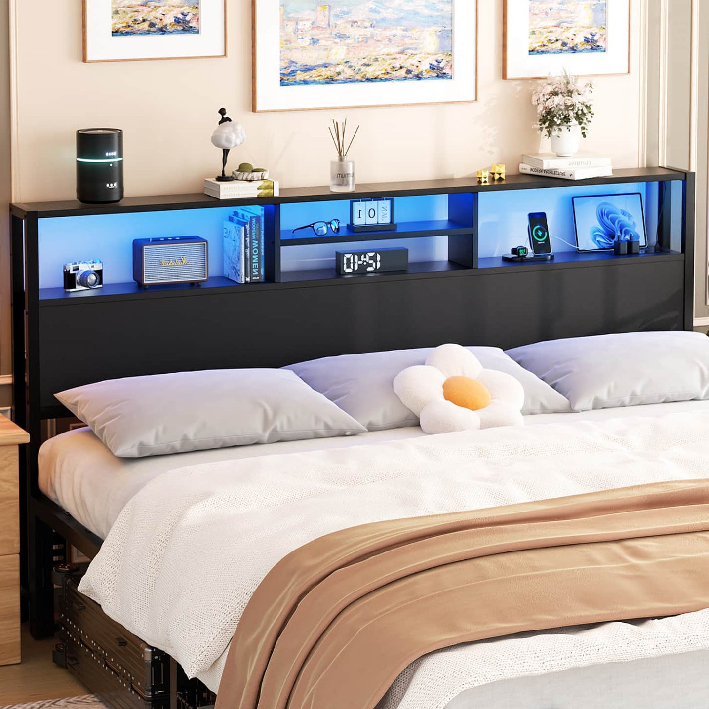 King Headboard with Charging Station, Storage Head Board for Bedframe