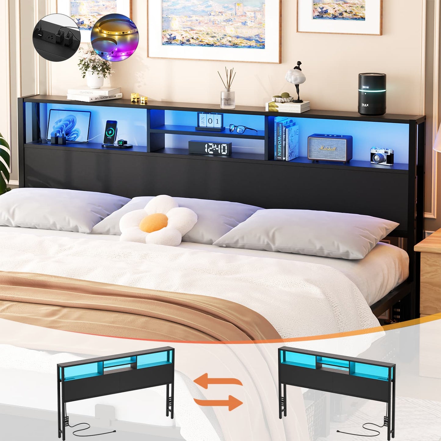 King Headboard with Charging Station, Storage Head Board for Bedframe