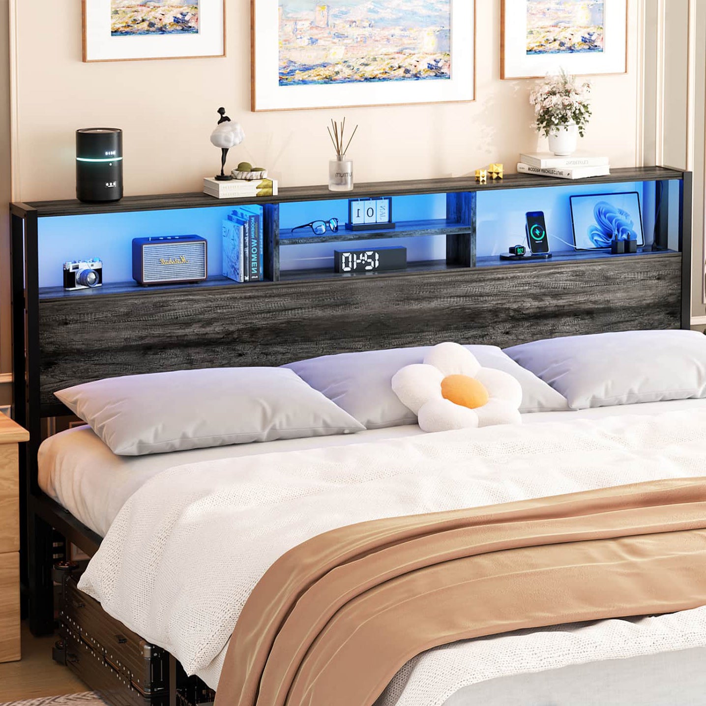 King Headboard with Charging Station, Storage Head Board for Bedframe