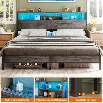 King Headboard with Charging Station, Storage Head Board for Bedframe