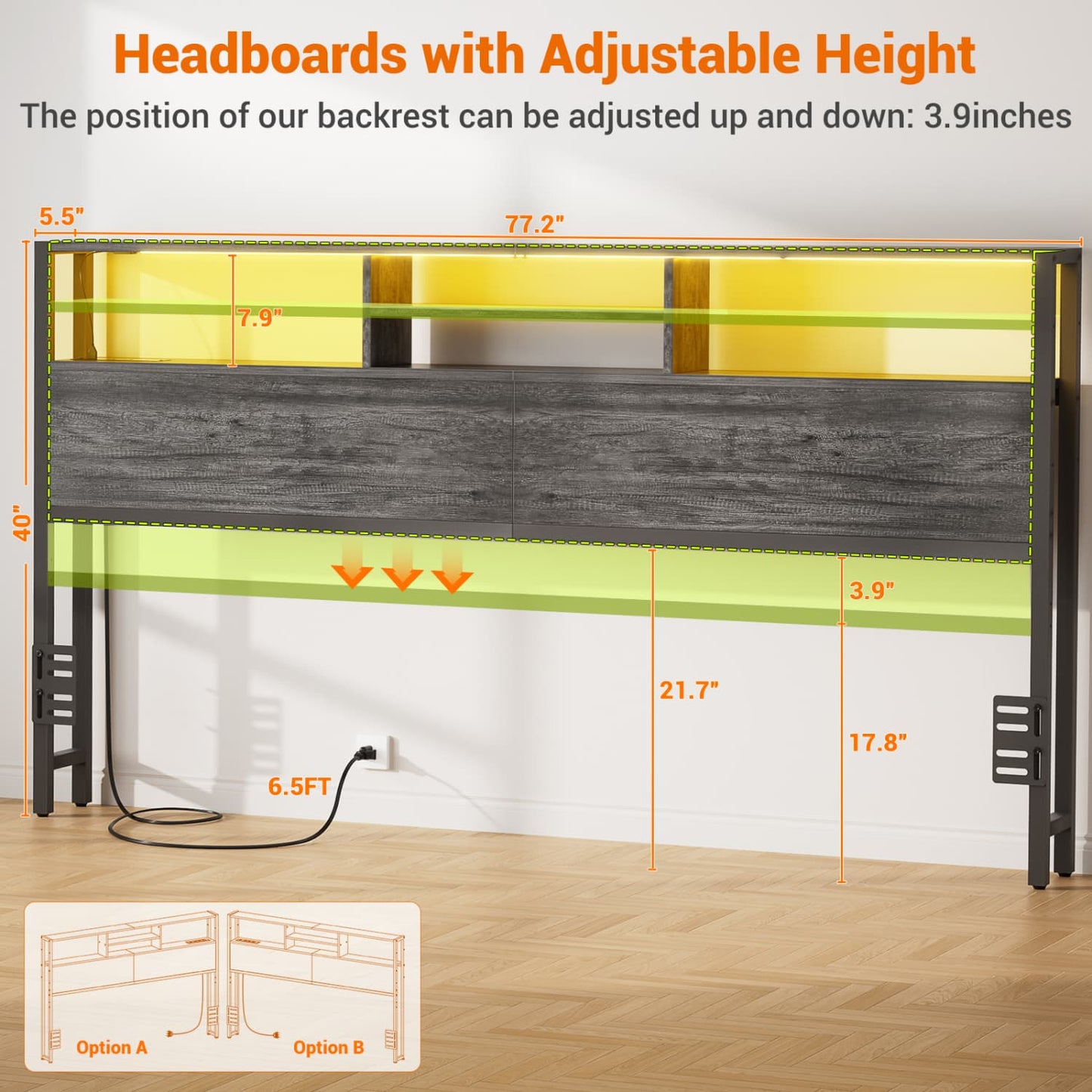 King Headboard with Charging Station, Storage Head Board for Bedframe
