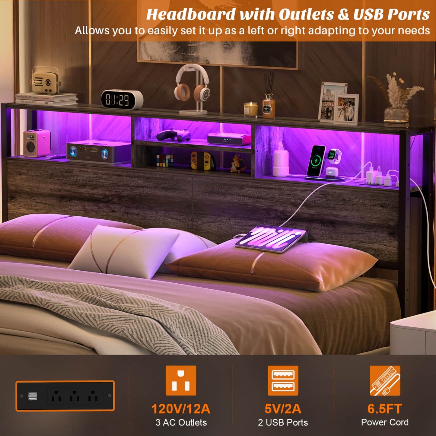 King Headboard with Charging Station, Storage Head Board for Bedframe