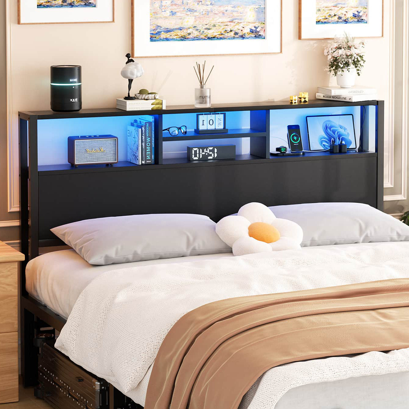 Queen Headboard with Charging Station, Storage Head Board for Bedframe