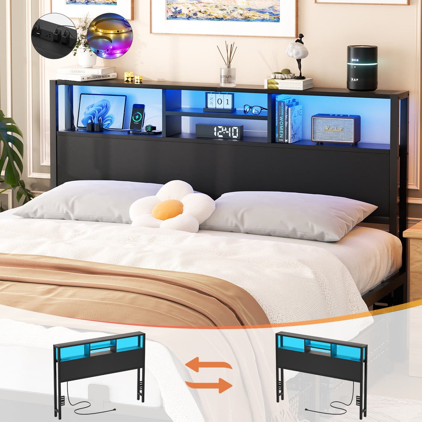 Queen Headboard with Charging Station, Storage Head Board for Bedframe