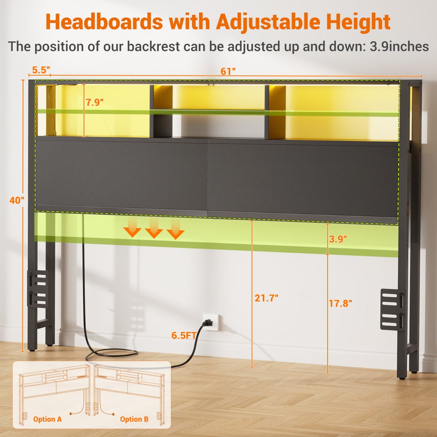 Queen Headboard with Charging Station, Storage Head Board for Bedframe