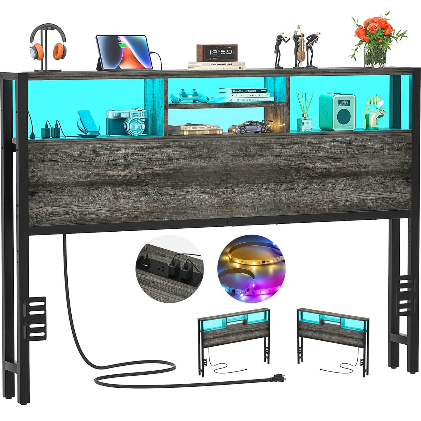 Queen Headboard with Charging Station, Storage Head Board for Bedframe