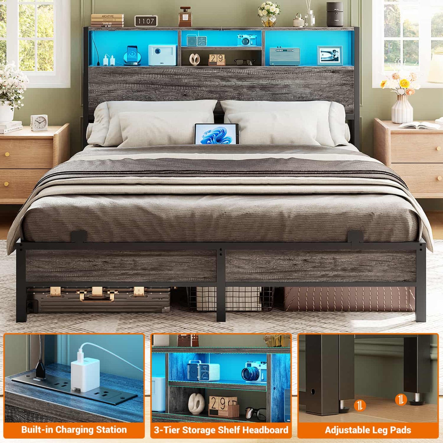 Queen Headboard with Charging Station, Storage Head Board for Bedframe