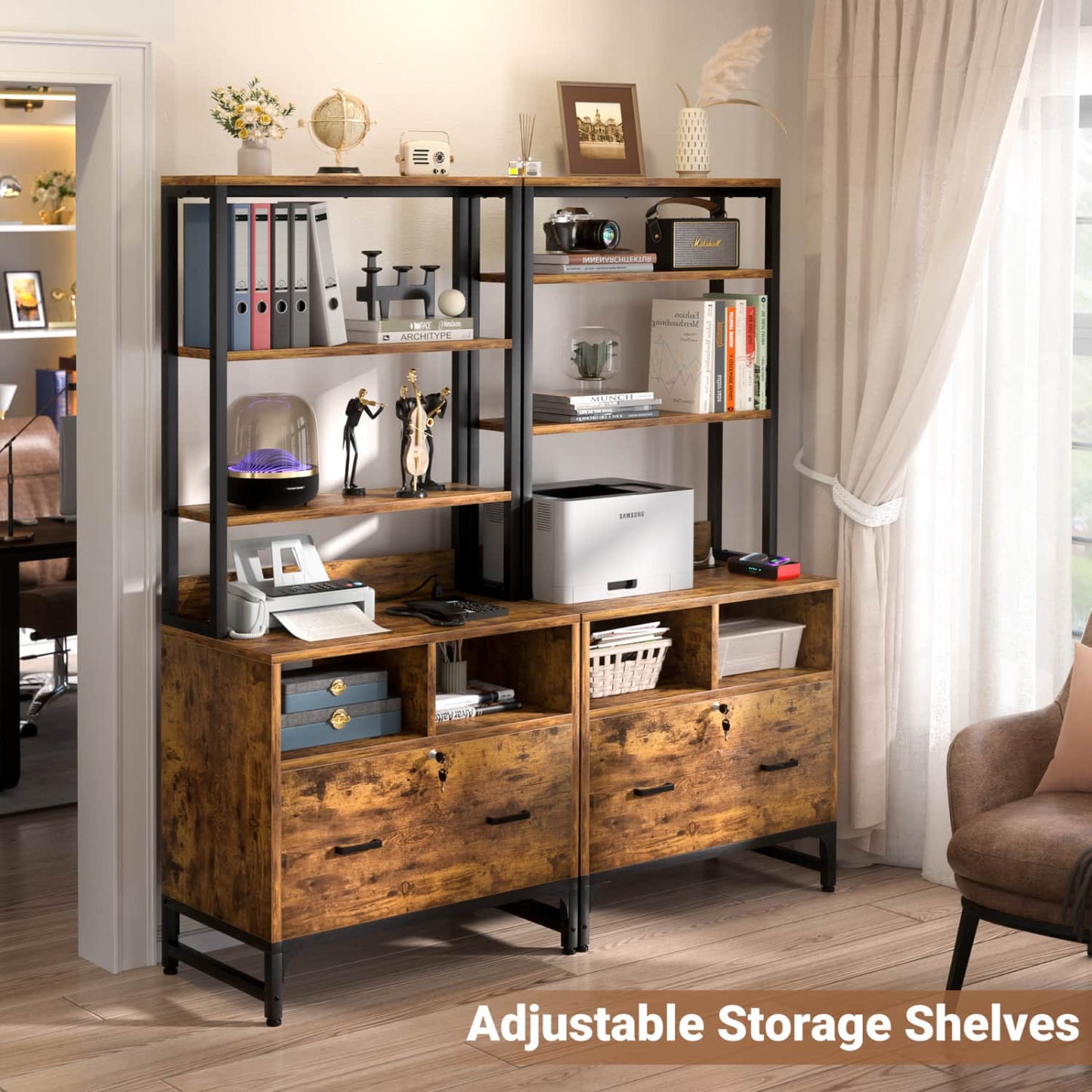 File Cabinet with Charging Station, Bookshelf with Filing Cabinet