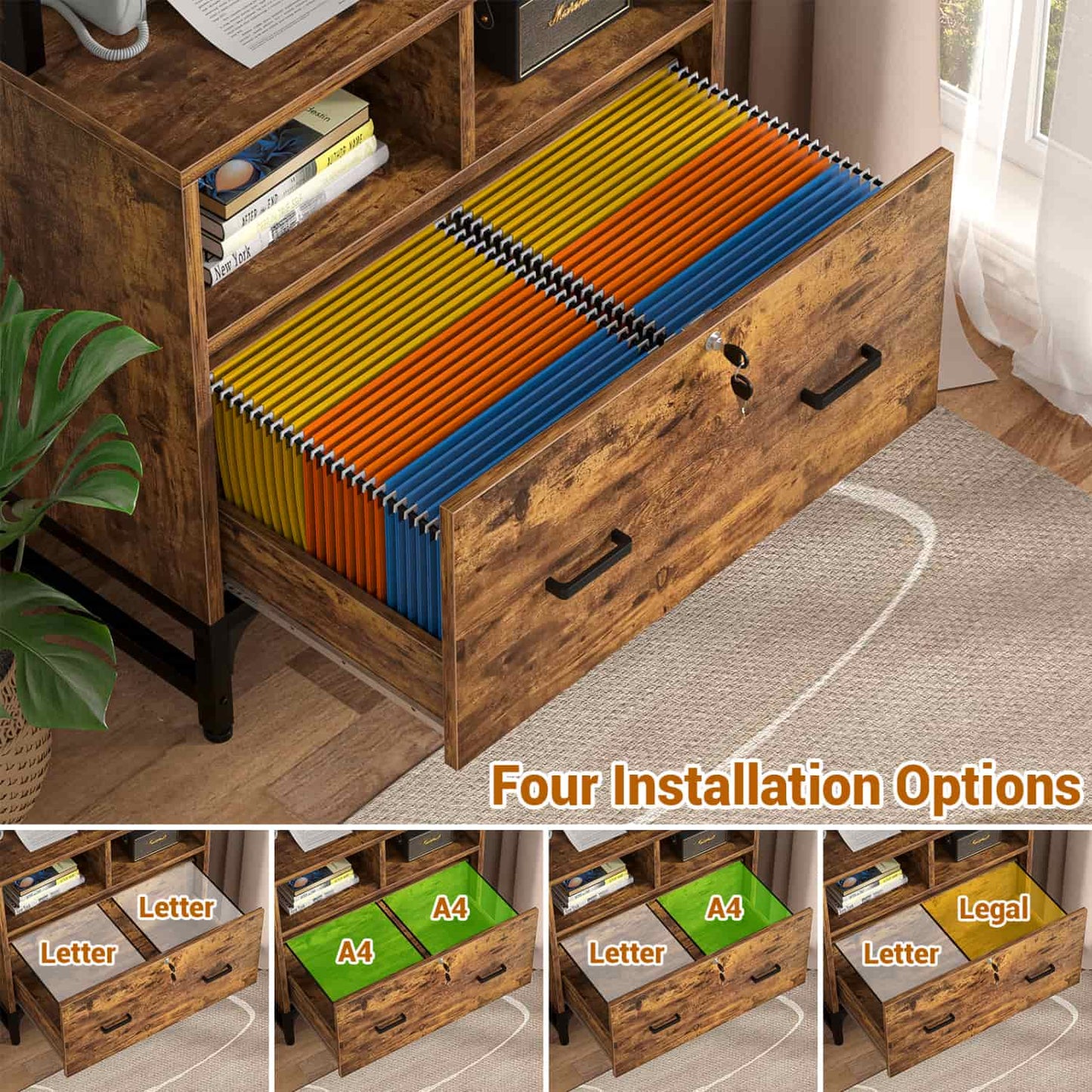 File Cabinet with Charging Station, Bookshelf with Filing Cabinet