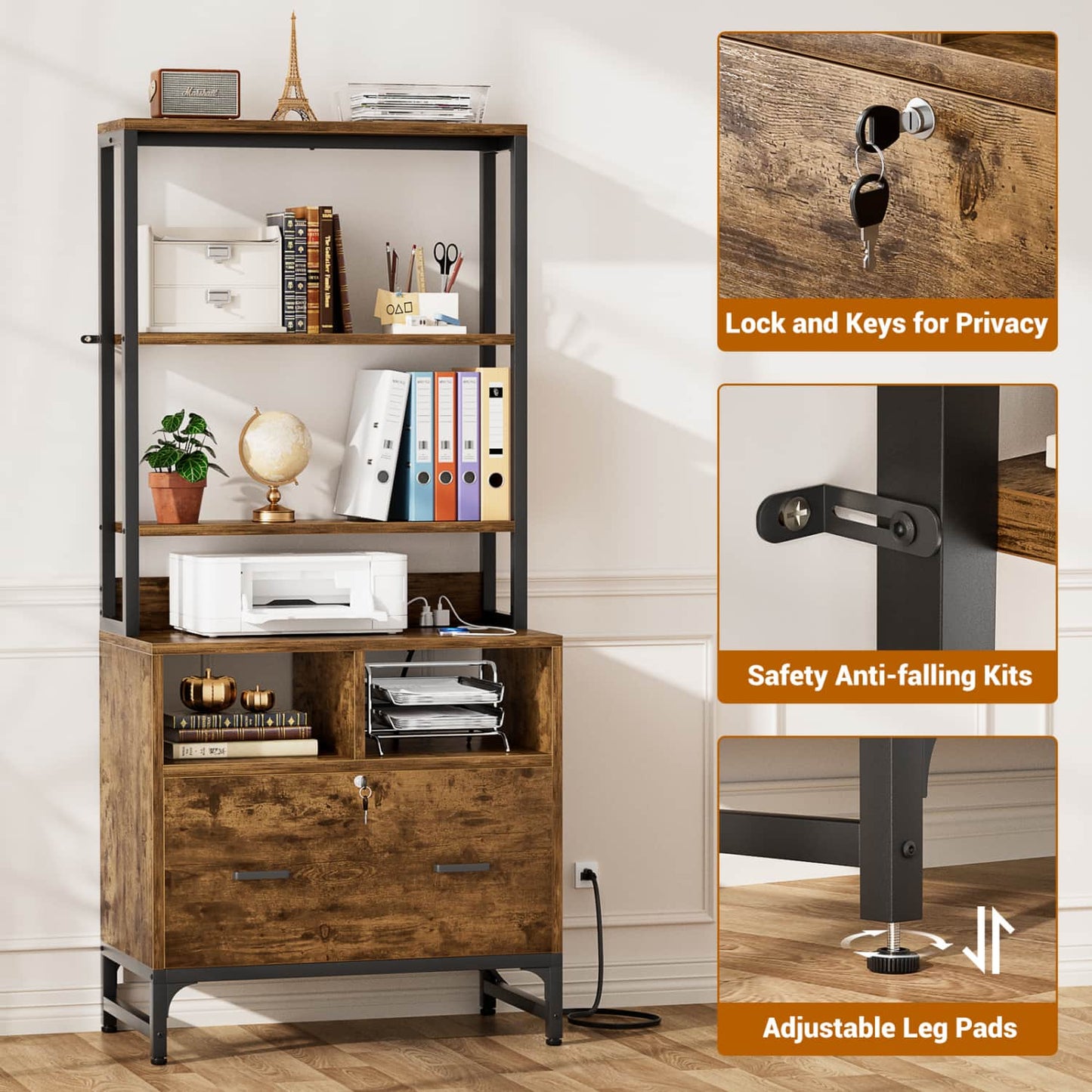 File Cabinet with Charging Station, Bookshelf with Filing Cabinet