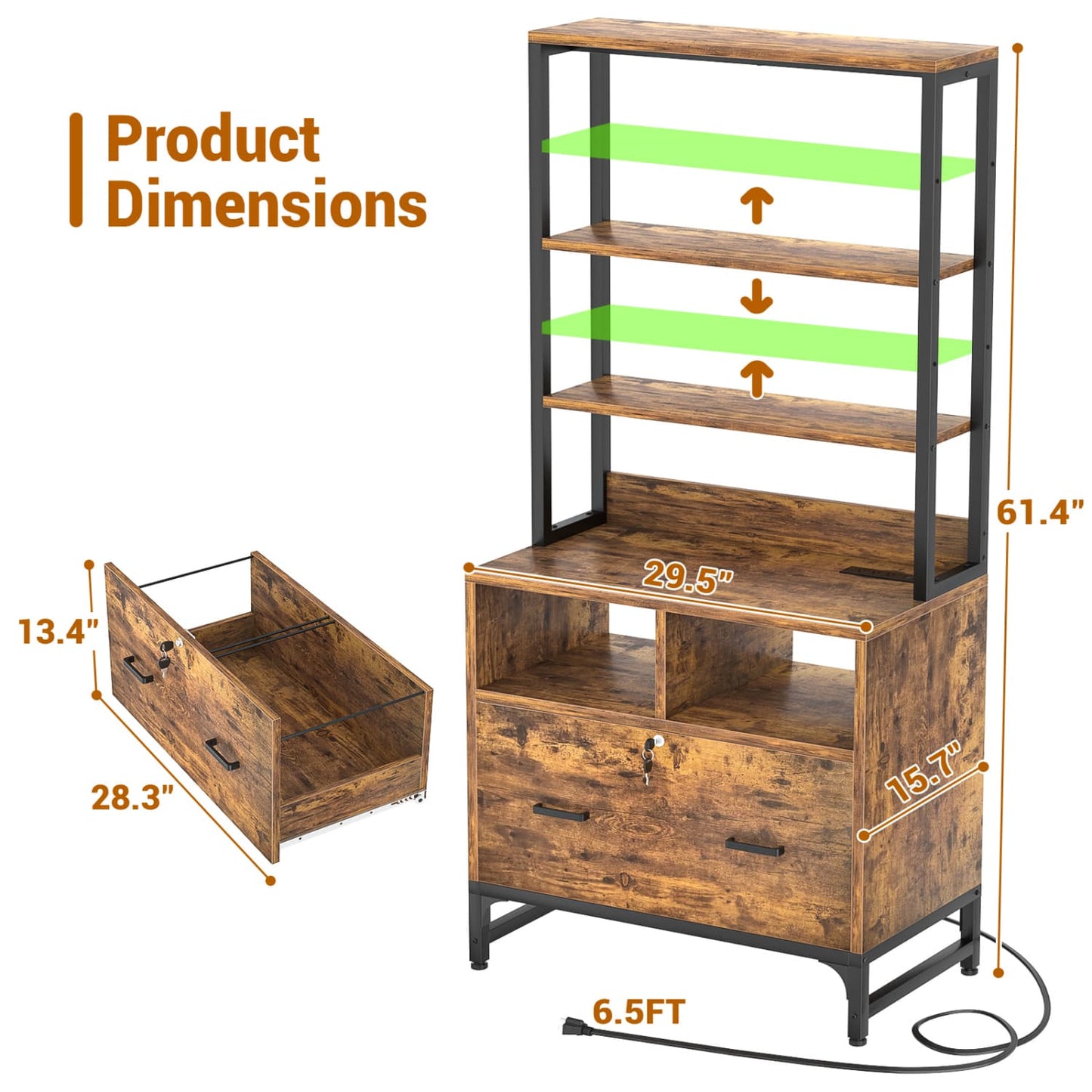 File Cabinet with Charging Station, Bookshelf with Filing Cabinet