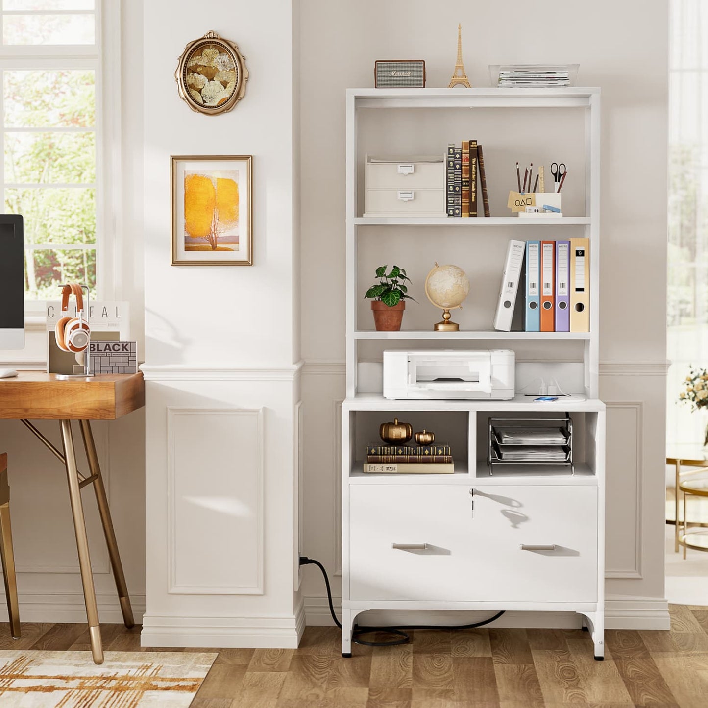 File Cabinet with Charging Station, Bookshelf with Filing Cabinet