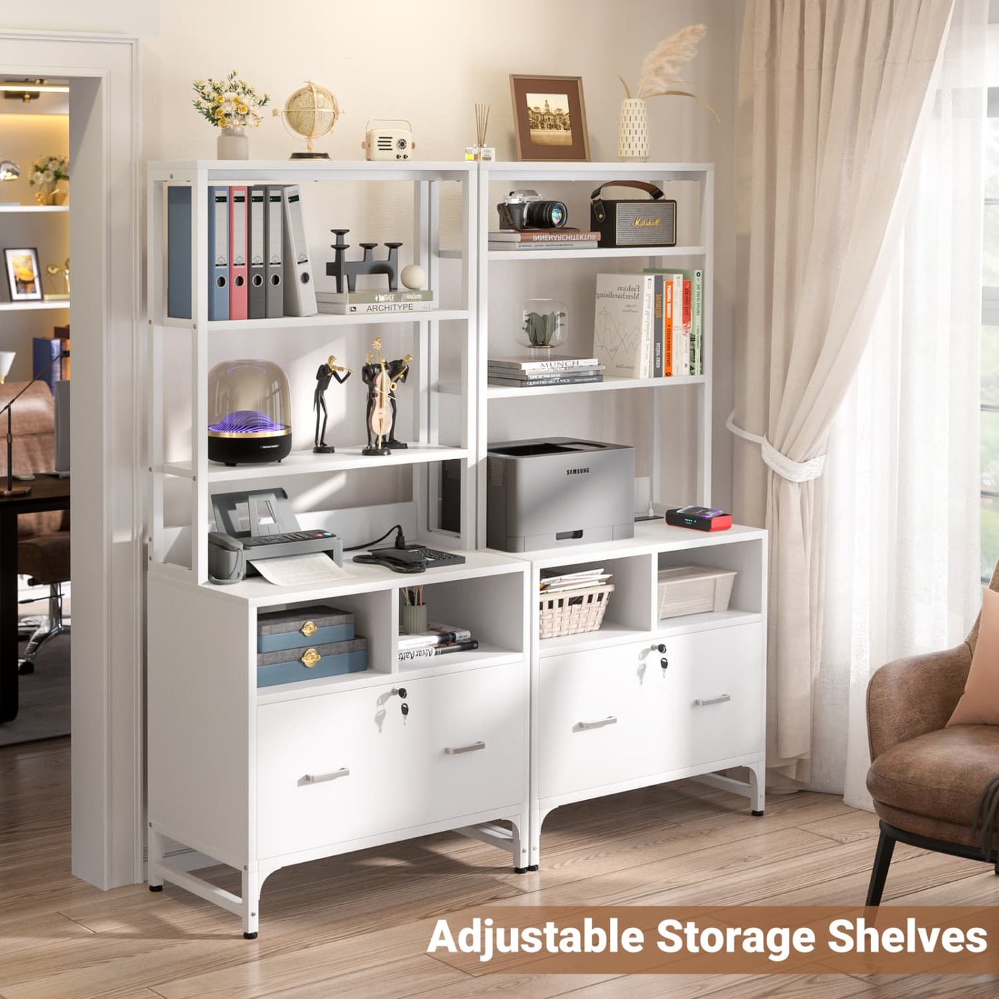 File Cabinet with Charging Station, Bookshelf with Filing Cabinet