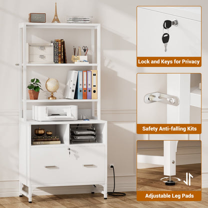 File Cabinet with Charging Station, Bookshelf with Filing Cabinet