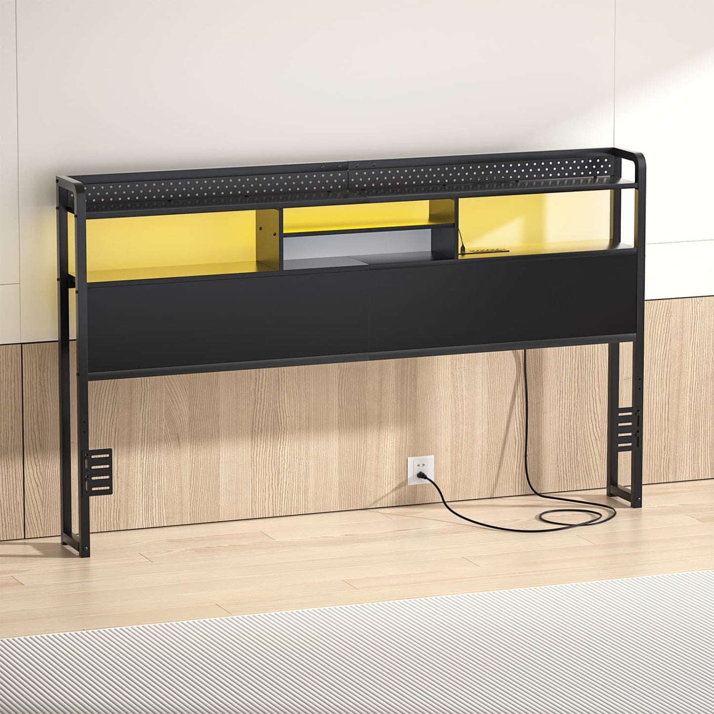 King Storage Headboard with Led Lights & Charging Station