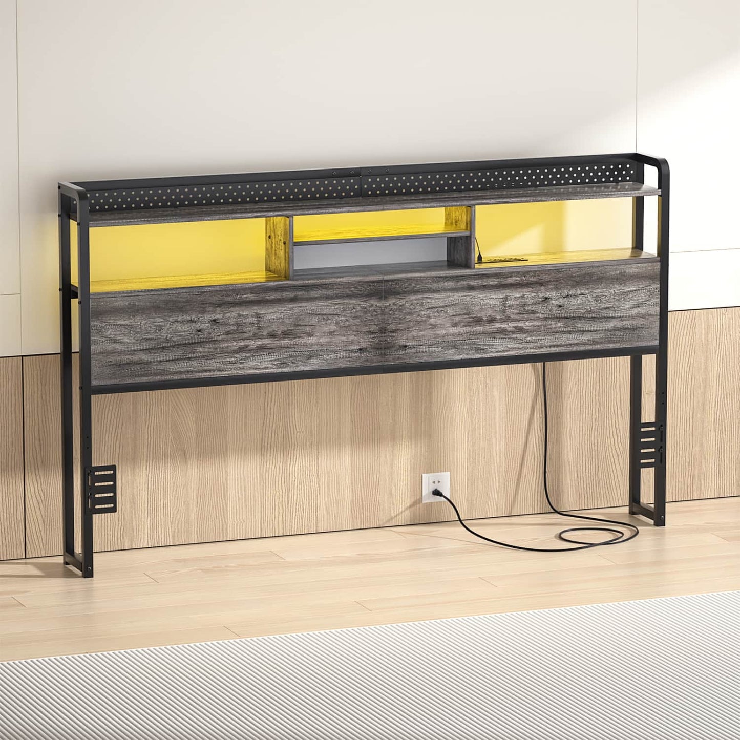 King Storage Headboard with Led Lights & Charging Station