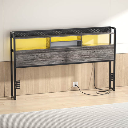 King Storage Headboard with Led Lights & Charging Station