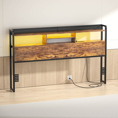 King Storage Headboard with Led Lights & Charging Station