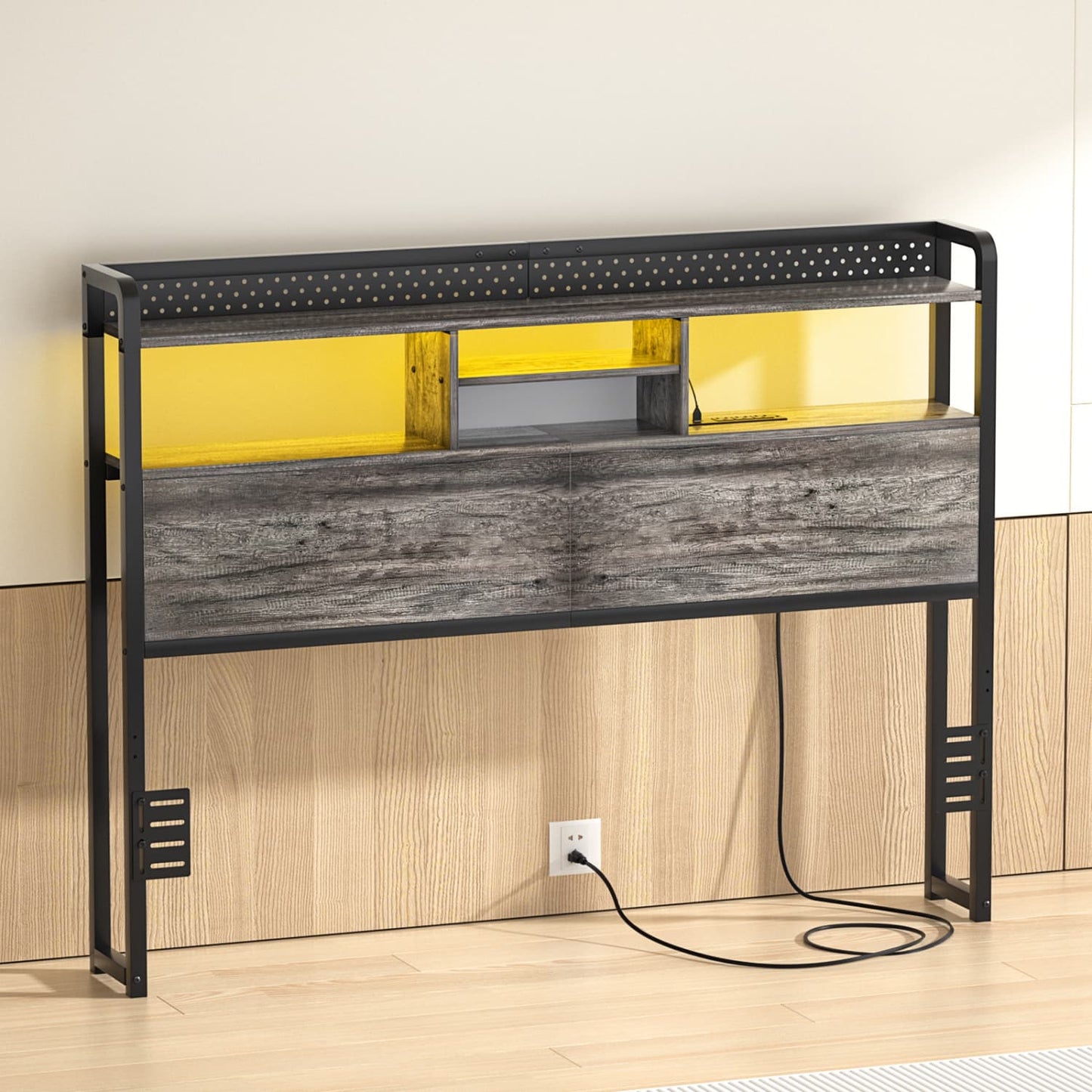 Queen Storage Headboard with Led Lights & Charging Station