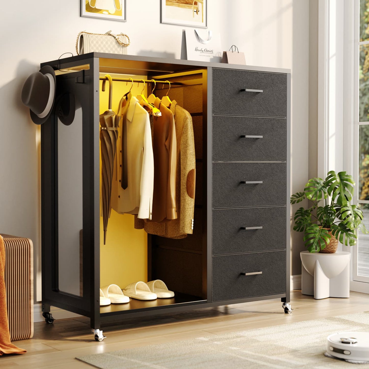 45-In Rolling Dresser with Mirror, Closet Organizer with 5 Fabric Drawers and Charging Station